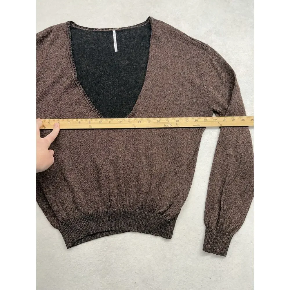 Free People Pullover Sweater Gold Dust Shimmer Deep VNeck Size Medium Linen